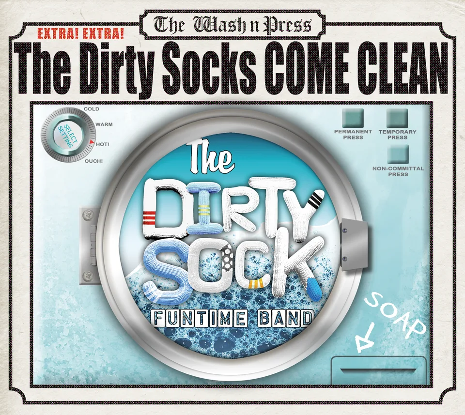 Dirty Socks Come Clean kids music CD cover for review by Sandi Lancaster depicts a washing machine full of socks