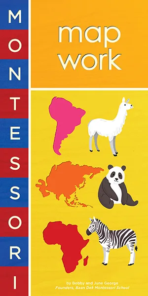 Image of Montessori Map Work, featuring outlines of continents with images of native animals