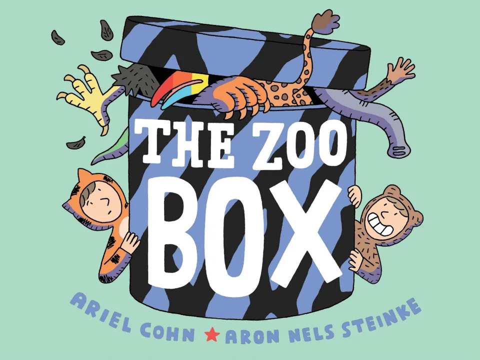 Zoo Box cover depicts children dressed as animals and real animals emerging from a box