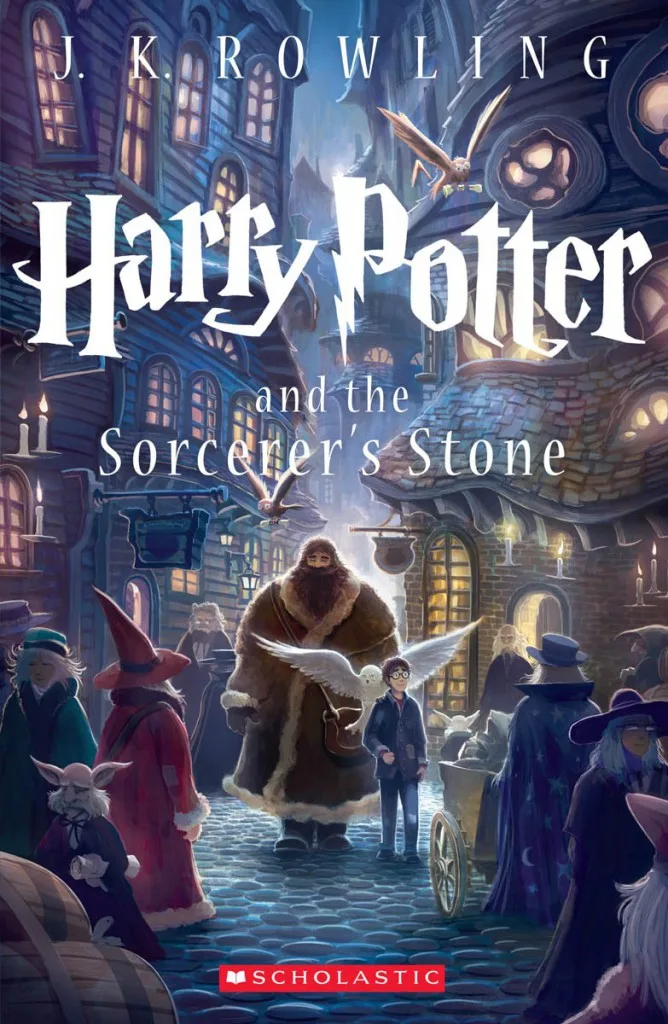 Harry Potter new cover featuring Harry buying wizard wares in the market