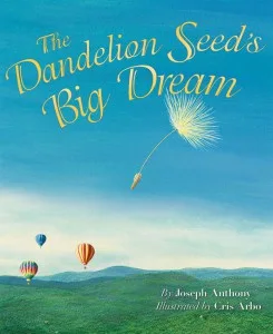 Dandelion Seed book cover depicting hot air balloons and a dandelion seed puff, to accompany Jane Cowles' review on Vegbooks, a site that reviews media from a vegan perspective